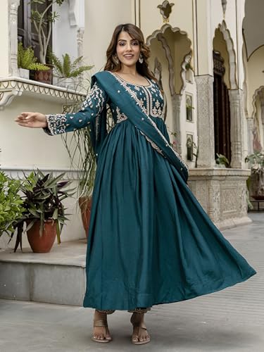 Image of TRENDMALLS Women's Silk Blend Embroidery Sequence Work Anarkali Kurta Pant Set with Dupatta For Women