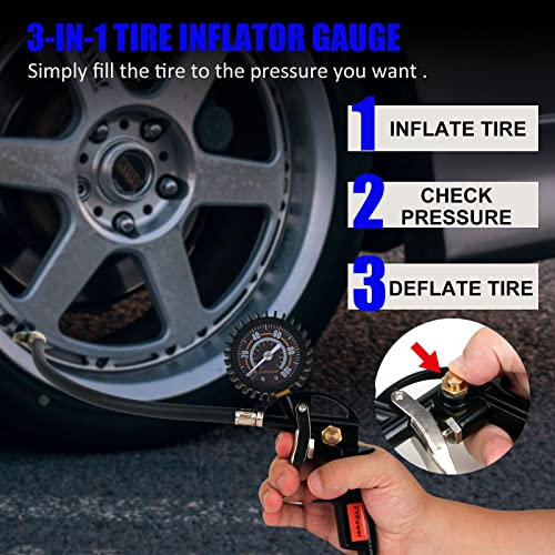 FYPower 16 Pieces Heavy Duty Air Compressor Accessory Kit, 1/4 inch 25ft Recoil Poly Air Compressor Hose Kit, 100PSI Tire Inflator Gauge, Blow Gun and Nozzles, 1/4" NPT Air Coupler and Plug Kit by FYPower - Image 3