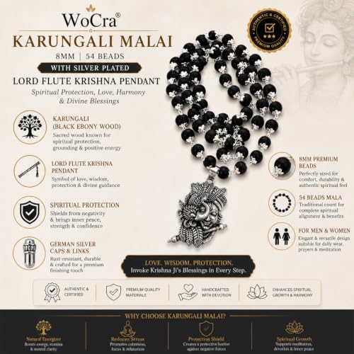 Image of Karungali Malai 8mm Certified with Lord Flute Krishna Pendant Silver Plated | 54 Beads Authentic Black Ebony Wood Mala with German Silver Cap | Spiritual Protection Chain for Men & Women