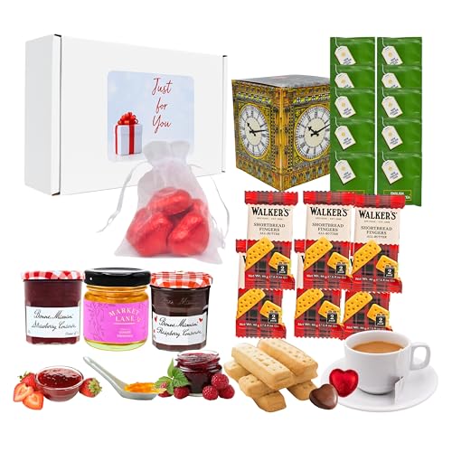 Afternoon Tea Hamper Gift Set – Includes Shortbread Biscuits Gift, Traditional Afternoon Tea Bags, Strawberry Jam, Raspberry Jam, Ginger Preserve And 