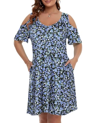 Image of JollieLovin Womens Plus Size Short Sleeve Cold Shoulder V Neck T-Shirt Dress with Pockets