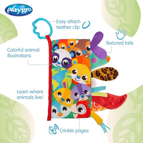 Image of Playgro Tails of The World Sensory Book - Interactive Soft Books for Babies - Explore 7 Unique Textured Animals, Crinkle Pages, and Attachable Teether Clip - Tailored for Development for 3+ Months