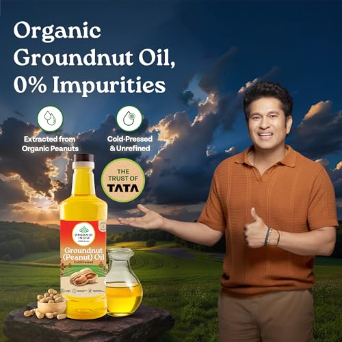 Image of Organic India Groundnut (Peanut) Oil, 1000ml | Cold Pressed Unrefined Organic Oil with Natural Flavour | Certified Organic and Lab Tested on 250+ Parameters | Perfect for Daily Cooking | Natural Aroma and Taste