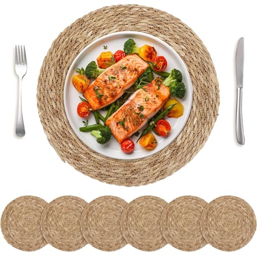 Kochorie 6 Pcs Round Woven Placemats 15 Inch Rattan Table Charger Plates