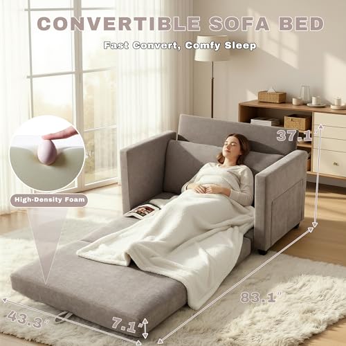 Image of 52 inch Loveseat Sleeper Sofa Bed, Convertible Small Pull Out Couch with Solid Back, 2 Pillows, Modern Upholstered Loveseat for Compact Living Room, Apartment, Bedroom, Brown