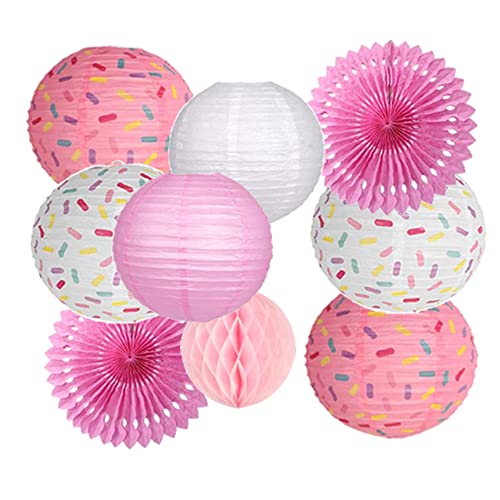 Donut Birthday Party Decorations, 9 Pieces Reusable Pink Round Donut Party Hanging Paper Lanterns, Supplies, Honeycomb Ball Paper Fan for Baby Shower Kids Birthday Home Decor
