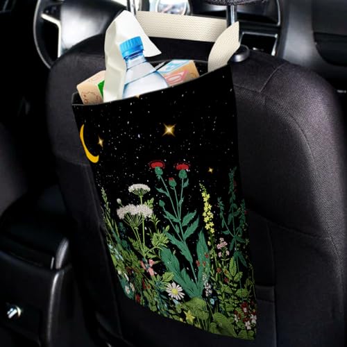 Image of IRADA Car Trash Bag Hanging No Snap Small Garbage Bag for Car Back Seat Cute Printed One-Handed Strap Trash Bags Car Accessories-Wildflowers-Black Car Trash Bags