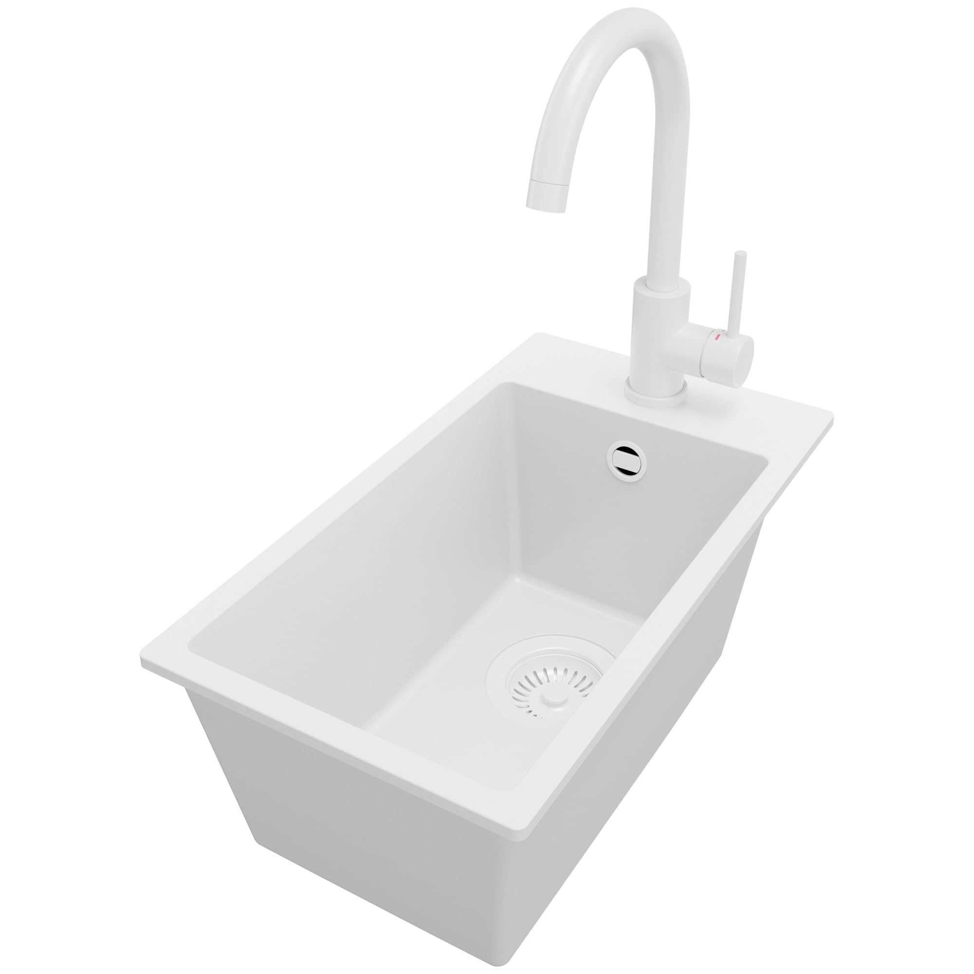 PRIMAGRAN Evier Cuisine en Granit Tout Blanc 28x50cm, Lavabo 1 bac + Robinet 32x20cm + Kit de Vidage, Évier à Encastrer au Meuble 30cm - Riga S014