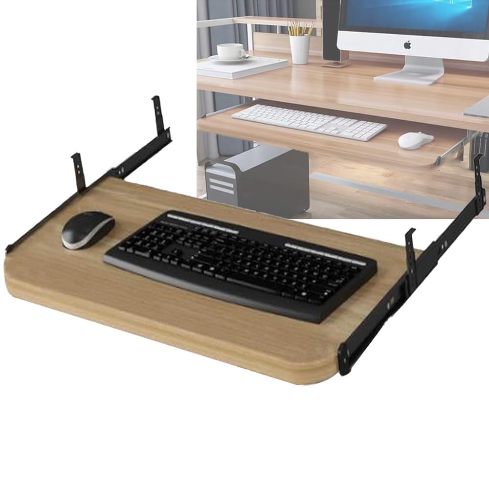 Ergonomiczna wysuwana szuflada na klawiaturę, wysuwana wysuwana platforma pod klawiaturą i myszką, drewniana konstrukcja, 60 x 27 cm, czerwono-brązowe wykończenie