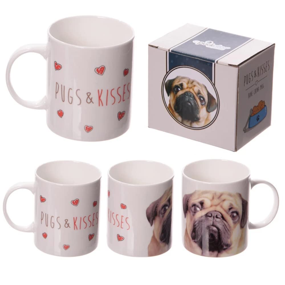 Puckator Blanc/Beige/Noir Mug184 Mug With Pug And Kisses Design - Fine Porcelain - White//Black