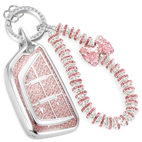 Image of Car Key Fob Cover for Cadillac escalade, Rhinestone Wristlet, Pink | Wear-resistant TPU shell, non-stretch rhinestone wristlet, daily splash, scratch and drop protection, normal signal use