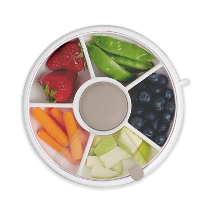 GoBe Kids Snack Spinner Bundle with Hand Strap and Sticker Sheet - Reusable Snack Container with 5 Compartment Dispenser and Lid | BPA and PVC Free | Dishwasher Safe | No Spill, Leakproof