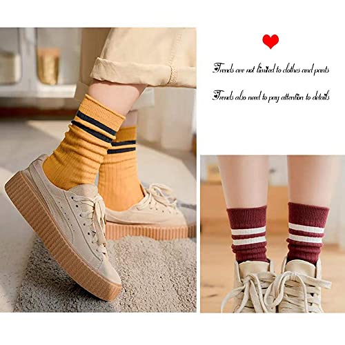 Redwind Women's 10 Pairs Fashion All Season Striped Crew Athletic Retro Cute Socks, Green, Dark Blue, Light Gray, Black, White, Dark Gray, White, Yellow, Brown, Red, 5-9 #TOP3