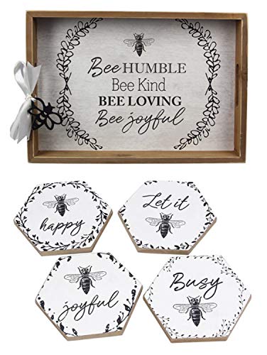 Bumble Bee Home Decor Bee Serving Tray and Drink Coasters Set With Inspirational Sayings - Bee Joyful, Bee Kind, Bee Humble, Bee Happy