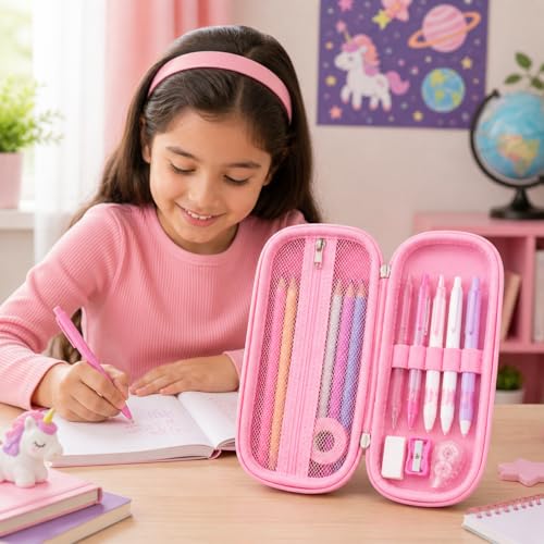 Image of Goyal's 3D Unicorn Geometry Pencil Pouch for Kids Girls & Boys | Hard Shell EVA Pencil Case | Large Capacity Double Layer Geometry Box with Pen Slots & Mesh Pocket | Waterproof School Organizer