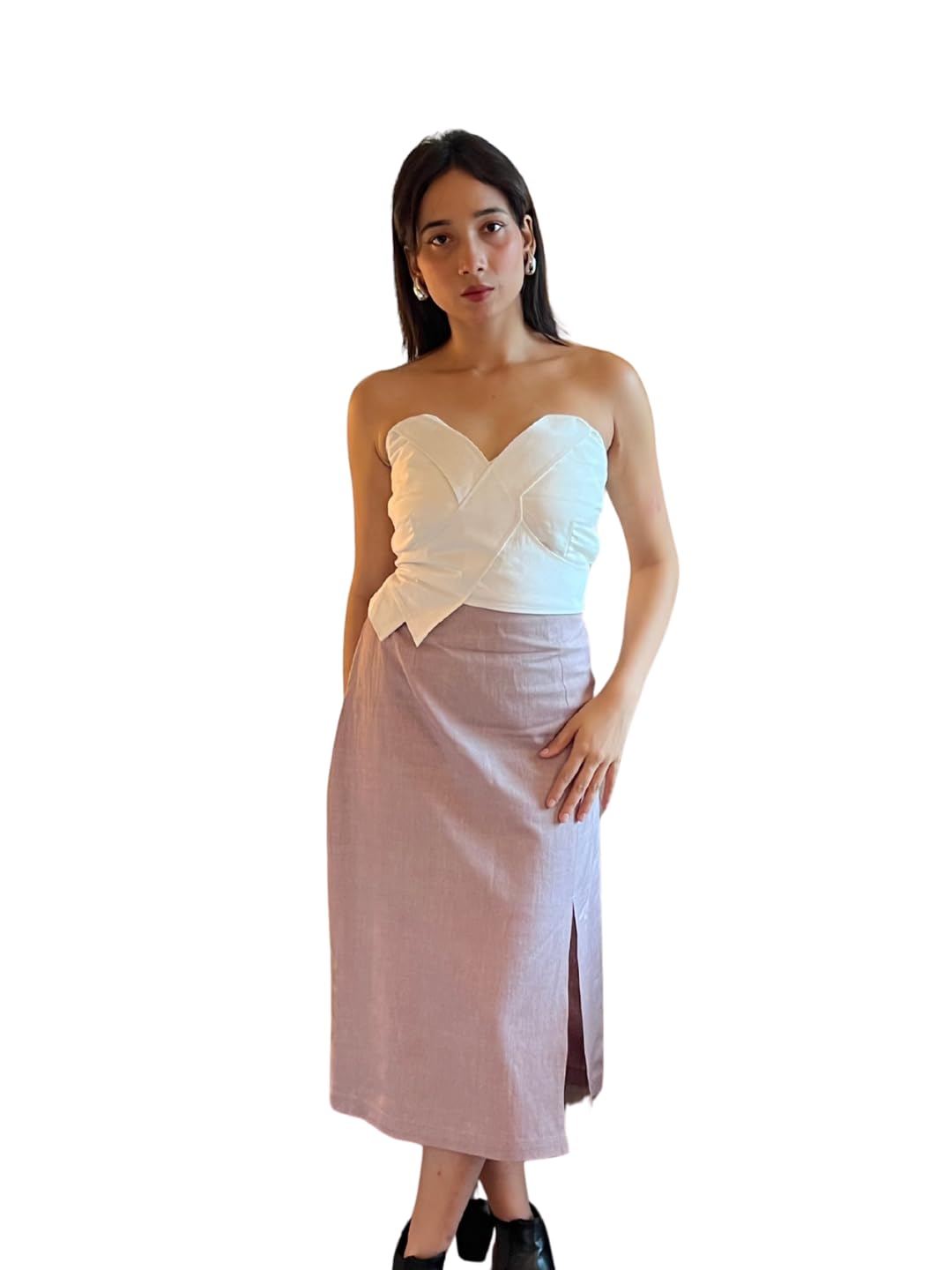 Women's Two-Piece Set, White Strapless Corset Top, Mauve Linen Midi Skirt with Side Slit