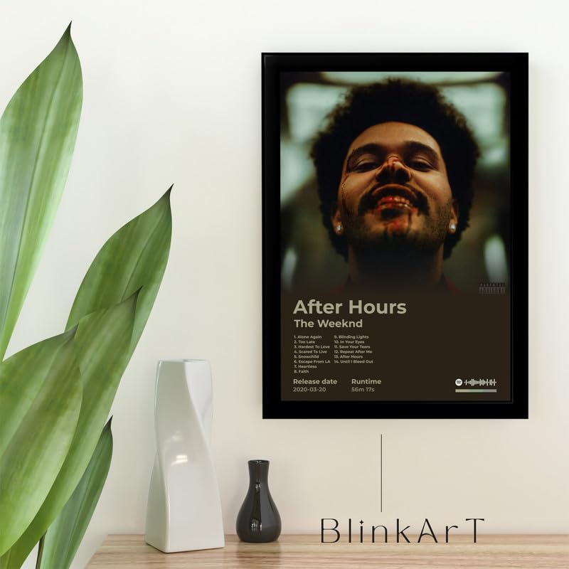 Image of BLINKART The Weekend - After Hours Wall Photo Frames | Wall Art for Bedroom, Living Room, Studio or Office | Album Cover Print with Spotify Song Link QR Code | Gift for Fans - 8x12 In