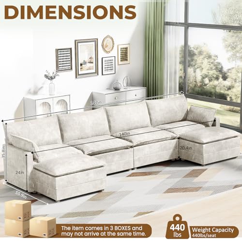 Image of LEVELEVE 147 inch U-Shape Modular Sofa with 2 Ottomans, Deep Seat Cloud Convertible Sleeper, 2 Arm Pillows, Comfortable Large Upholstered Furniture for Living Room Apartment, Beige