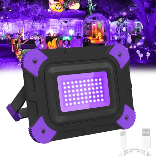 T-SUN Luz Negra UV 6000mAh Foco LED Recargable, Luz Negra Ultravioleta con 180°, 400-405NM Soporte Giratorio Foco UV para Halloween Navidad Fiesta Body Painting Discoteca