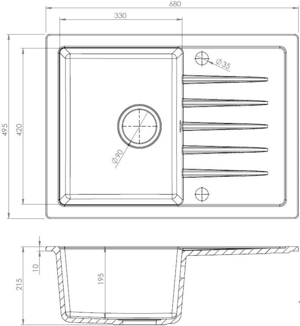 Fregadero AXION Una Cubeta Fregadero De Granito 68x49x19,5cm Blanco, Fregadero De Cocina De Diseño Elegante Con Sifón, Escurridor, Fácil De Limpiar, Resistente A Los Arañazos