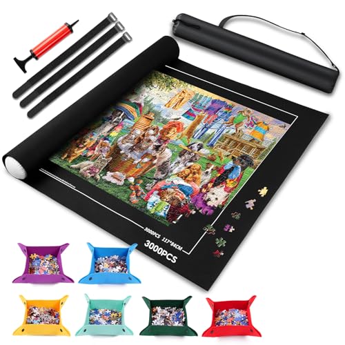 Jigsaw Puzzle Mat Roll Up 1500 2000 3000 Piece Portable Table Puzzle Board Mat Saver Keeper, Smooth Top & Non-Slip Felt Bottom with 6 Sorting Trays, Storage Bag, Inflatable Roller for Kids Adults Gift