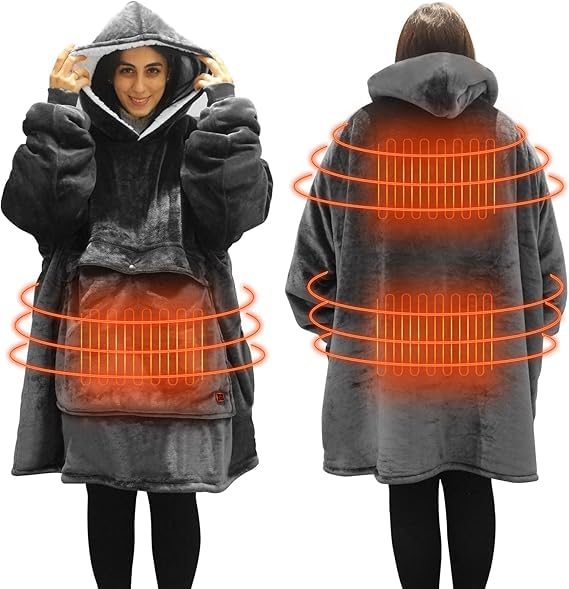 Junbig Wearable Heated Blanket Hoodie,USB Heated Blanket Electric Wearable Blanket,Electric Blanket with Sherpa Fleece Flannel,Giant Pocket & Sleeves,3 Heat Settings,3 Hours Auto Shut-off (No Battery)