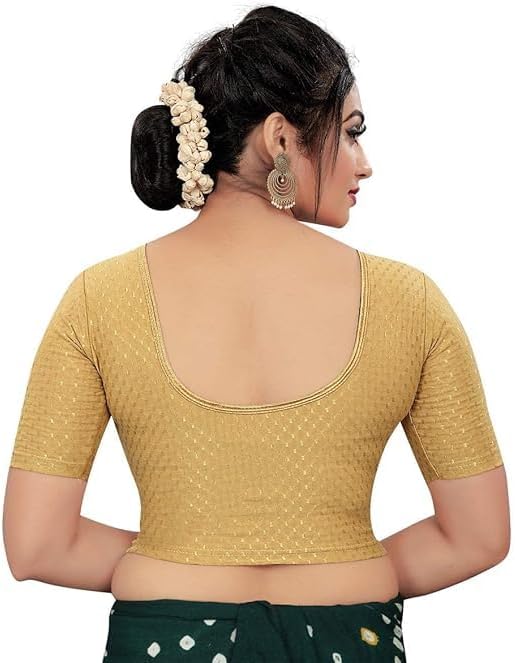 Round Neck Dobby Cotton Lycra Stretchable Elbow Sleeve Readymade Saree Blouse for Women Stylish - Image 2
