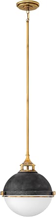 Hinkley Fletcher Two Light Stem Hung Pendant, Etched Opal Glass, Max. Height 49.5-in, Aged Zinc/Heritage Brass