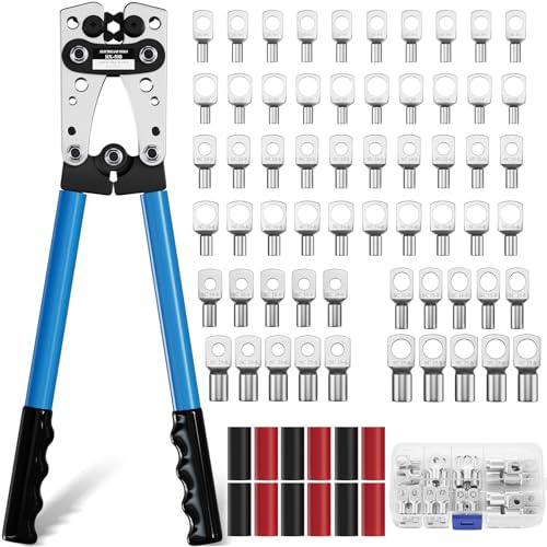Koolcover Crimpzange Kabelschuhe Set Groß Crimpwerkzeug Hochleistungs-Crimper für Kabelschuhe Rohrkabelschuh Zange Crimpzange für Batteriekabel 6/10/16/25/35/50 mm + 60stk (HX50B crimper+terminals)