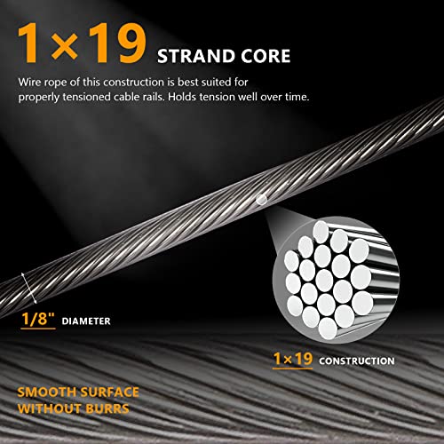 Wayska Stainless Steel Cable 1/8 Inch, 1000Ft Stainless Steel Wire Rope With Steel Cable Cutter For Deck Railing Stair Handrail Balusters Porch Fence, 1 X 19 Strands Construction #TOP3