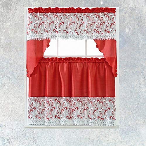 B&H Home Madison Floral Embroidered 3-Piece Kitchen Curtain Window Treatment Set (Madison Red)