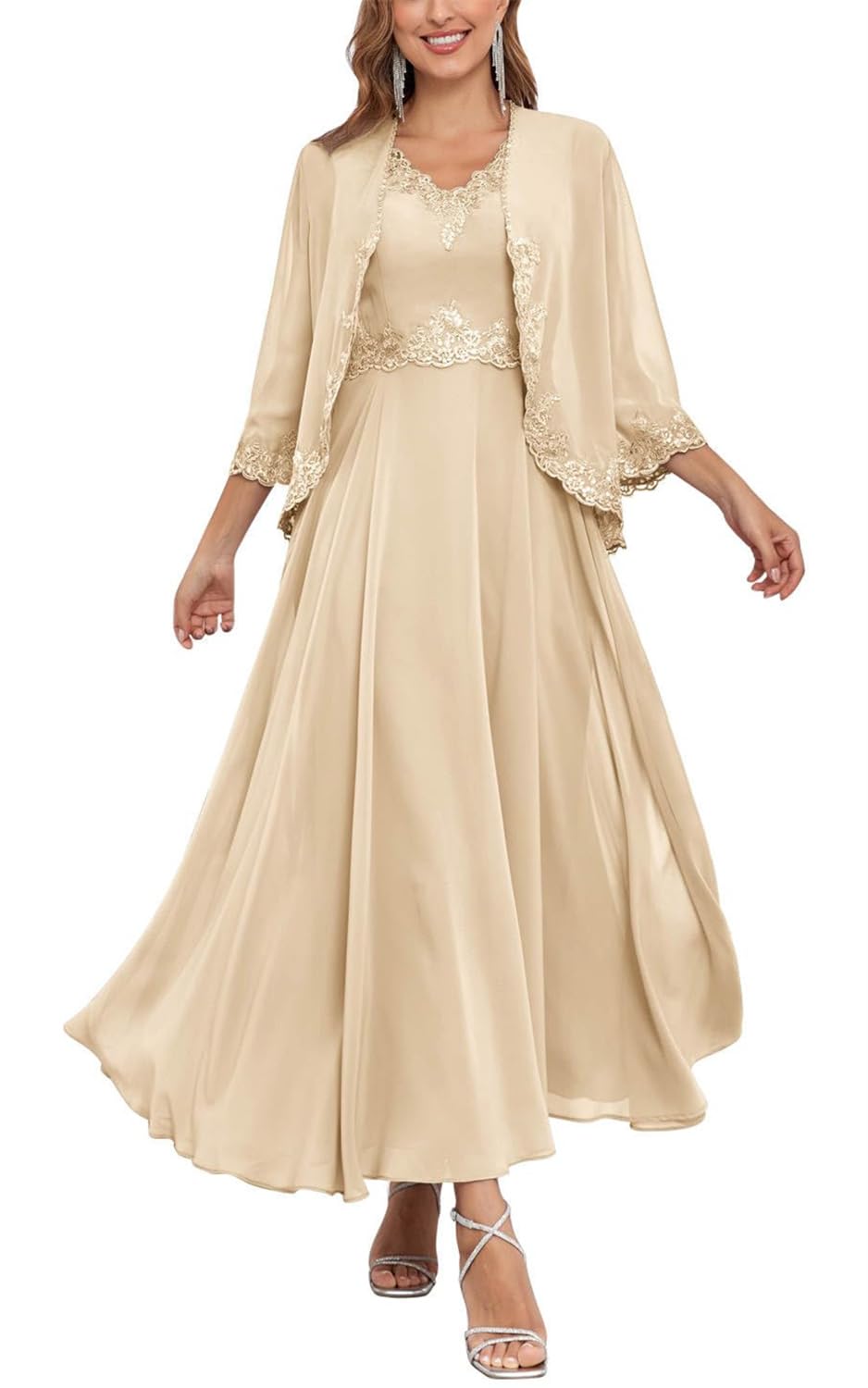 Kurface Women's Champagne Mother Of Groom Dresses For With Jackets Lace Applique Long Sleeve Mother Of Bride Dress Uk22