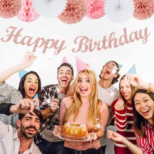 Image of Light-Pink Rose-Gold Birthday Garland Party-Decorations - 14pcs Happy Banner Women Paper Flowers Lanterns Tissue Pom Poms,Streamers Fans Honeycomb Girls Adult Women Kids Hanging Supplies Decor Hugfond