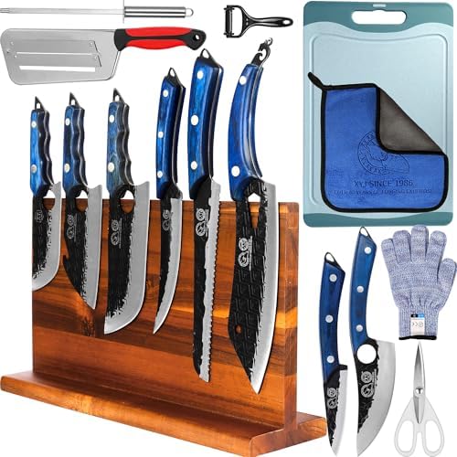 XYJ Knife Block Set,High Carbon Steel Knives Set with Magnetic Knife Block,Cutting Board,Honing Steel,Scissors,Cut Resistant Gloves,Cleaver Slicing Kitchen Knives,Blue,Full Tang Handle