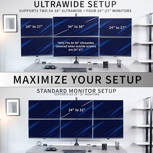 Image of VIVO Premium Hex Ultra Wide LCD LED 27 to 38 inch Monitor Desk Mount, Heavy Duty C-clamp, Extra Tall Pole, Adjustable Telescoping Arms, Flush Wall Setup, Fits 6 Screens, Black, STAND-TS06C