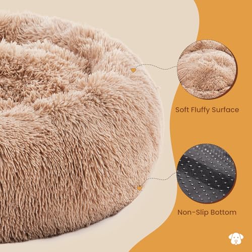 DUMOS Calming Donut Cat & Dog Bed for Medium Dogs, Machine Washable Cuddle Warming Cozy Fluffy Faux Fur Plush Round Dog Bed, Anti-Anxiety Waterproof Anti-Slip Pet Bed, Brown, 24×24×8 Inches - Image 4