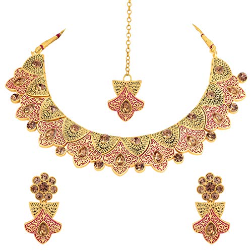 Aheli Elegant Indian Wedding Party Wear Matte Finish Necklace Earrings with Maang Tikka Set Indian Ethnic Fashion Jewelry for Women