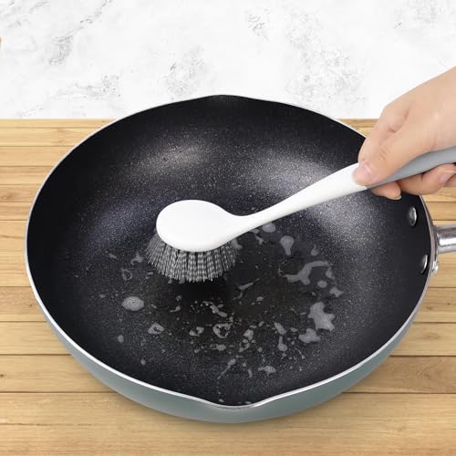 Image of 2 Pack Kitchen Scrub Brushes for Cleaning Dish Brush with Handle for Pans, Pots, Kitchen Sink Cleaning Scrub Brushes (PP Plastic)