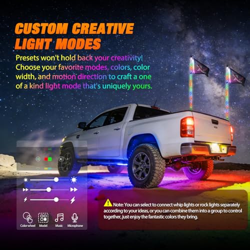 Image of Nilight 2PCS 4FT RGB LED Whip Light and 6 PCS Rock Lights Combo Remote App Control w /DIY Chasing Patterns Stop Turn Reverse Modes Safety Antenna Whips for ATV UTV Polaris RZR Can-am Dune Buggy Jeep