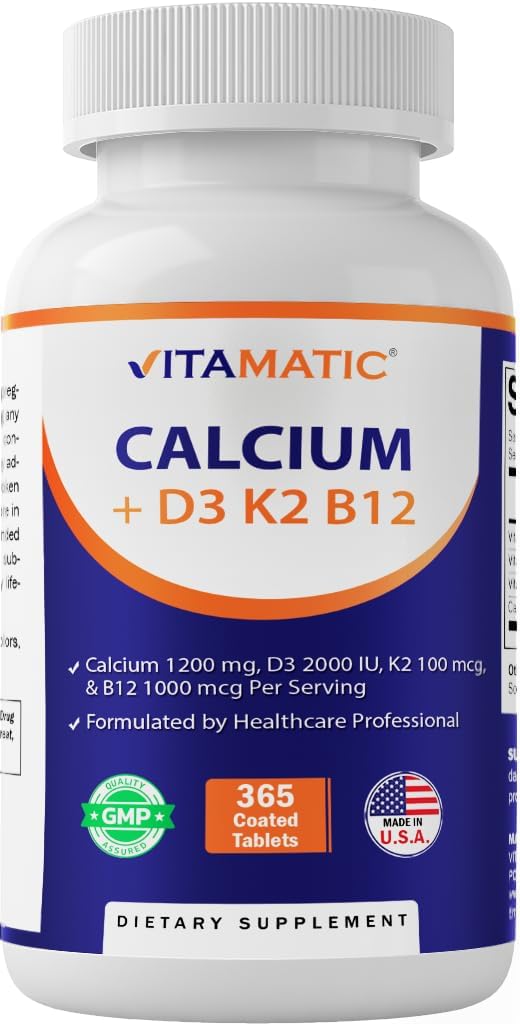 Calcium Supplement 1200mg with D3, K2 & B12, Immune & Bone Health Support - 365 Coated Tablets