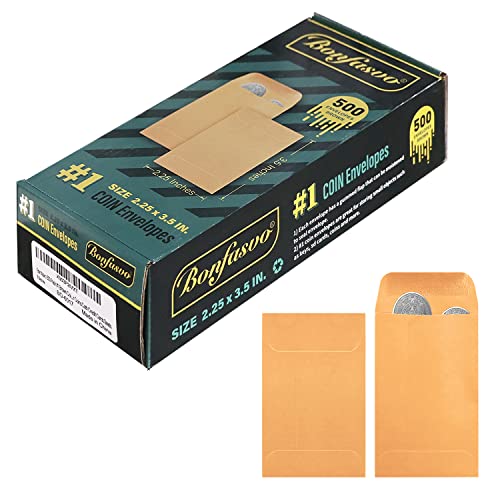 Bonfasvo 500 Pack #1 Brown Coin Envelope 2.25 X 3.5 inches Kraft Envelopes Classic Small Parts Envelopes with Self Adhesive Gummed Flap for Coins Cash Credit Cards Seeds