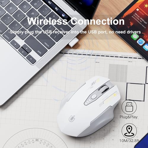 Image of Uineer Wireless Mouse, [Upgraded] Visible Battery Display,Rechargeable 2.4G USB Wireless Laptop Mouse, 4 Adjustable DPI Levels, Wireless Laptop Mouse,Grey and White