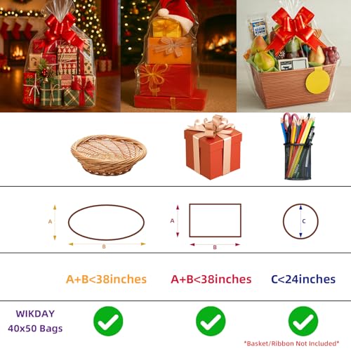 Image of WIKDAY Shrink Wrap Bags for Gift Baskets 5 PCS 40x50 Inches Extra Large | with Twist Ties, Cellophane Gift Bags, Plastic, For Gift Giving & Packaging Raffle Baskets, Easter, Baby Shower, Wedding