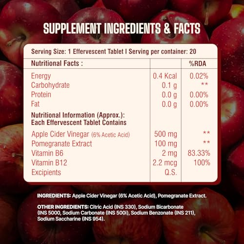 Image of Apple Cider Vinegar Tablets with Mother | Improves Metabolism Promotes Glowing Skin Supports Detoxification Vitamin B6, B12 & Pomegranate Extract 20 Effervescent Tablets (Pack of 1, Green Apple)