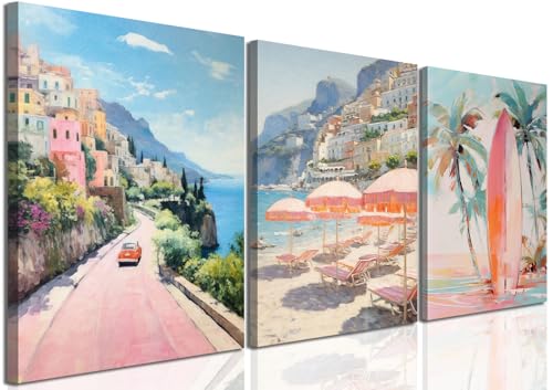 Pink Beach Wall Art Set of 3, Preppy Coastal Wall Decor Paintings...