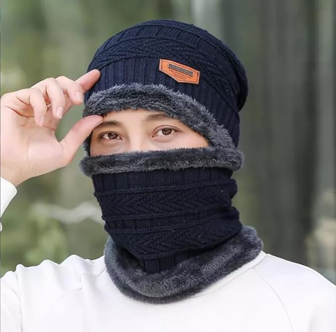 UNIQ WORLD WIDE Woolen Beanie/Skull Cap & Neck Warmer (Muffler) Combo for Winters with Faux Fur Inner Side | Warm Hat | Pack of 2 Set (Grey+Blue, Free Size) 2