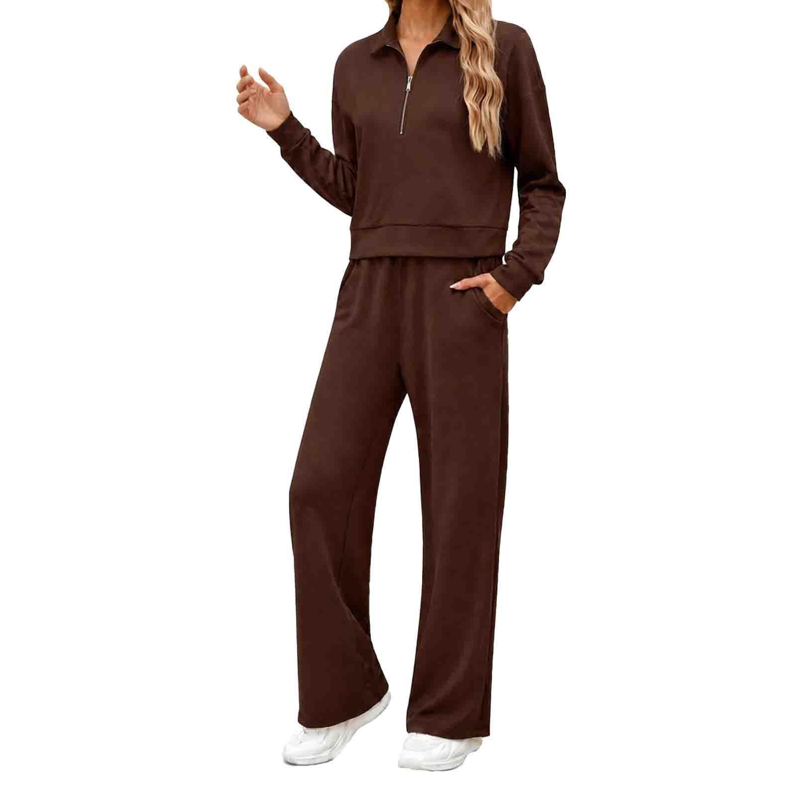 Generisch Tuta da donna elegante in due pezzi, a 2 pezzi, a maniche lunghe, con gamba larga, vestibilità morbida, leggera, comoda tuta sportiva, tinta unita