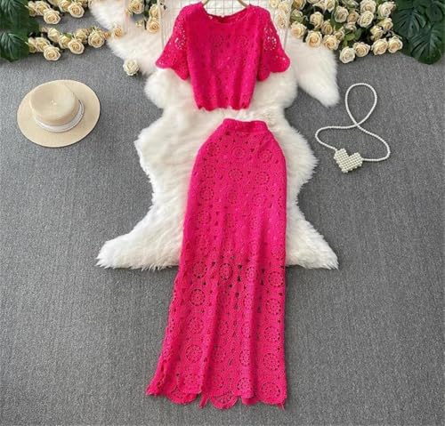 Women Hollow Out 2 Piece Set Round Neck Short Sleeves And Elastic Waist Solid Color Slim Skirt2