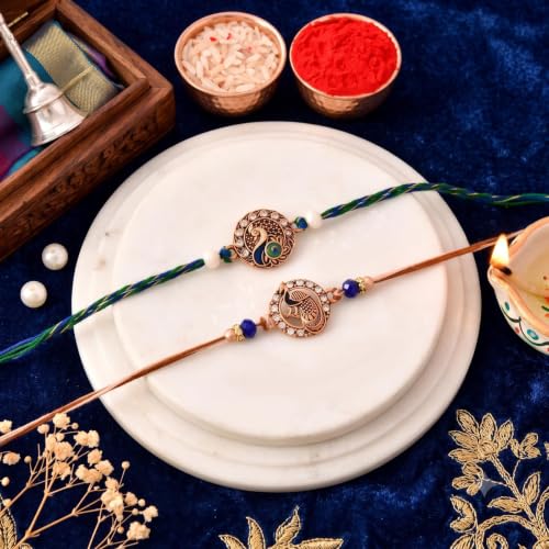Image of CraftVatika Kundan Rakhi Set for Brother Set of 2, Designer Peacock Rakhi for Brother Boy Men, Premium Kalash Raki for Bhaiya, Traditional Rakshabandhan Rakhis with Best Wishes Card and Tillak Set