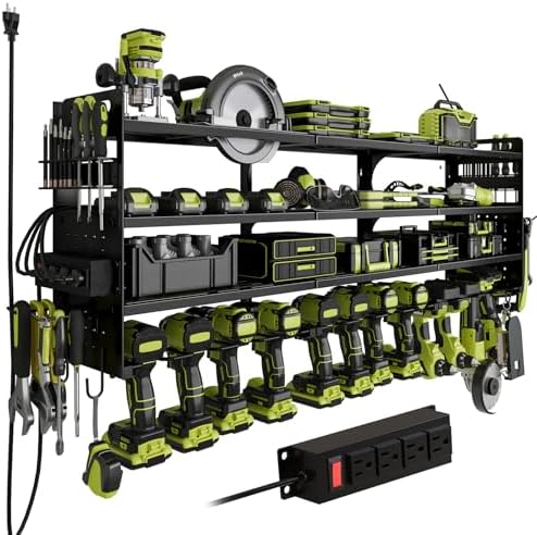 Power Tool Organizer Wall Mount, 4-Tier Cordless Tool Organizer with 4-Socket Power Strip, Drill Holder with 12 Slots for Hanging Tools, Side Pegboard for Storage, Screwdriver Holder Included Black